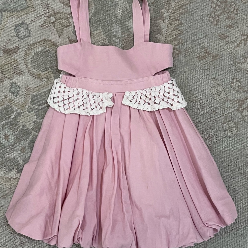 Pink Sleeveless Kids Bubble Dress with Lace Detail, Size 5, EUC